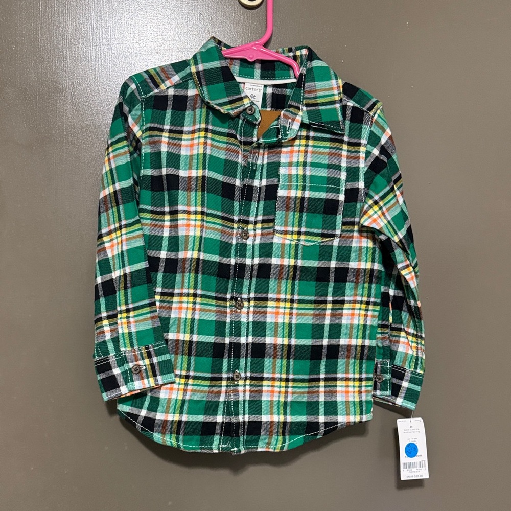Carter's Green Plaid Button Down Shirt and Pant Set NWT